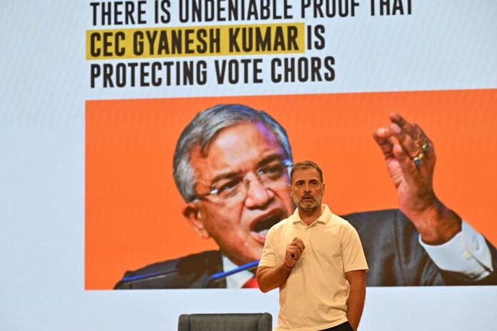 Rahul Gandhi speaking at a press conference about vote deletions