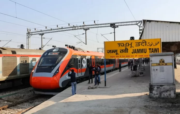 Vande Bharat train at a railway station in India
